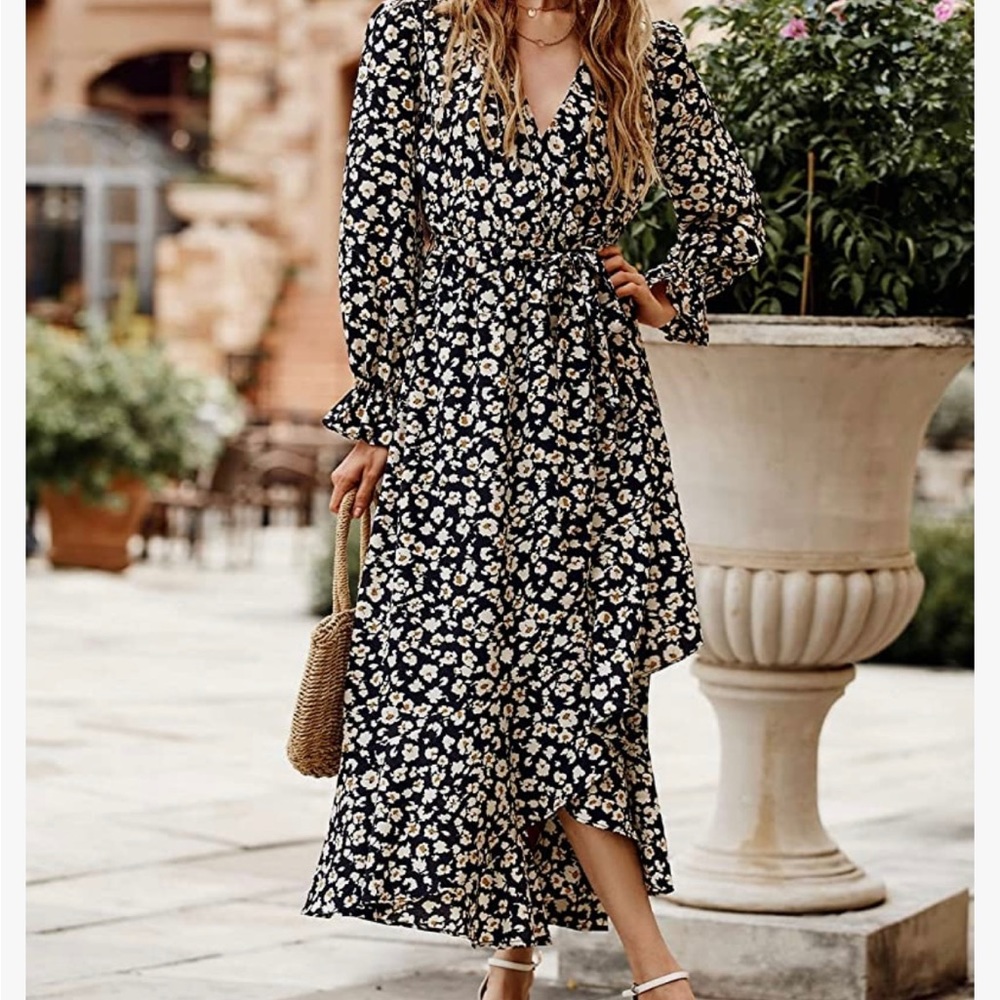 Black and white floral faux wrap dress
